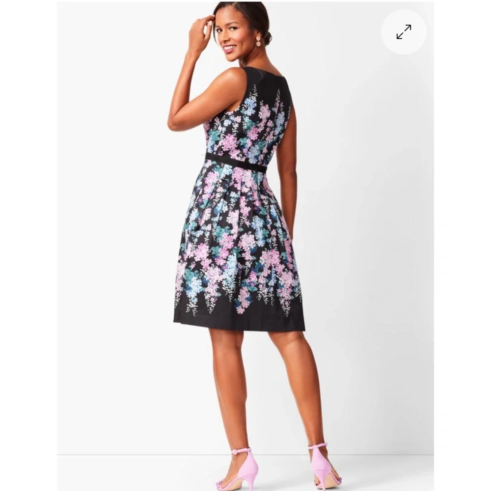 Talbots Floral Sateen Fit & Flare Dress Black Purple Blue White Flowers Size 10 - Picture 2 of 10